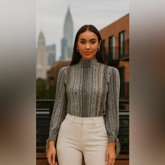 Free People Mock Neck Printed Top | Navy & Beige | Stretchy - Picture 5 of 12